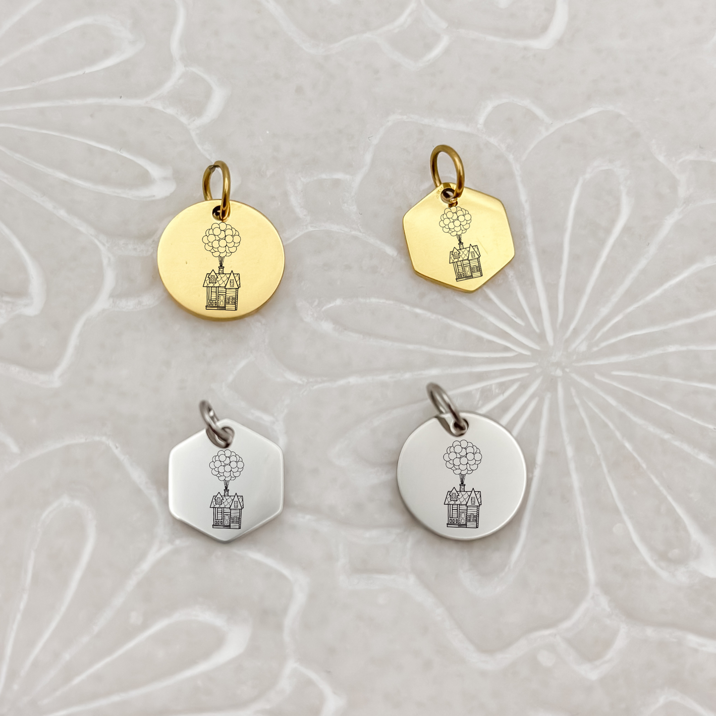 4 Charms, Each containing the Floating House Charm with Balloons. Two Gold, Two Silver. Hypoallergenic, Waterproof, stainless steel jewelry.