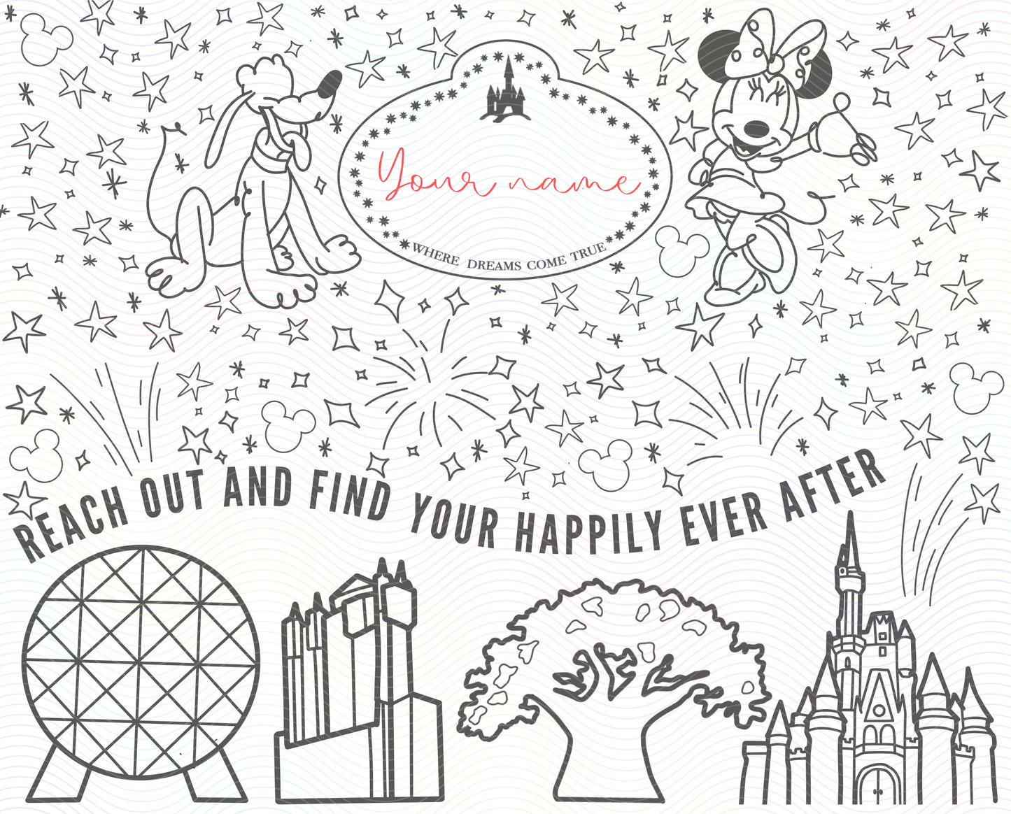 Black and White sample view of waterbottle wrap including Miss Mouse, Planet Dog, and 4 Parks designs with fireworks