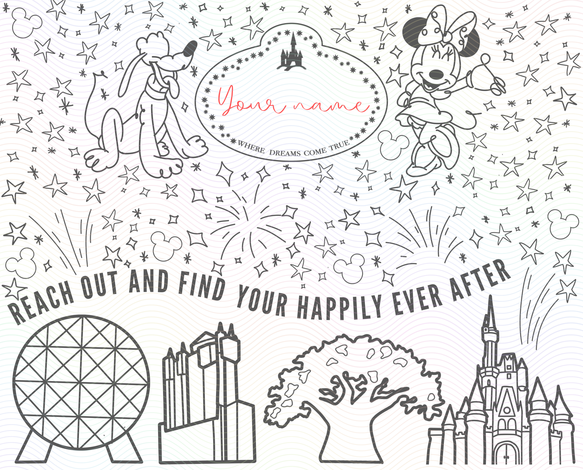 Black and White sample view of waterbottle wrap including Miss Mouse, Planet Dog, and 4 Parks designs with fireworks