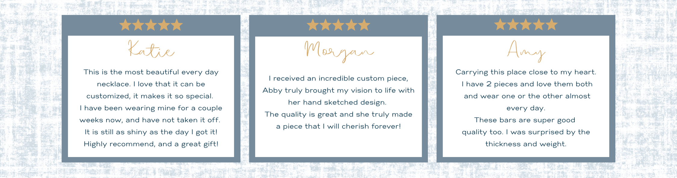 Three customer reviews on a textured gray background