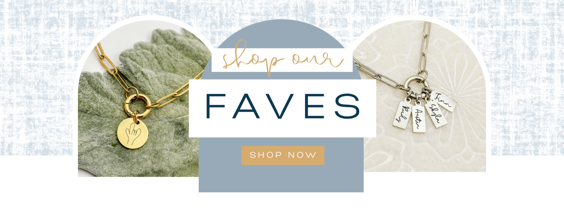 Jewelry display with 'Shop Now' button on a textured background