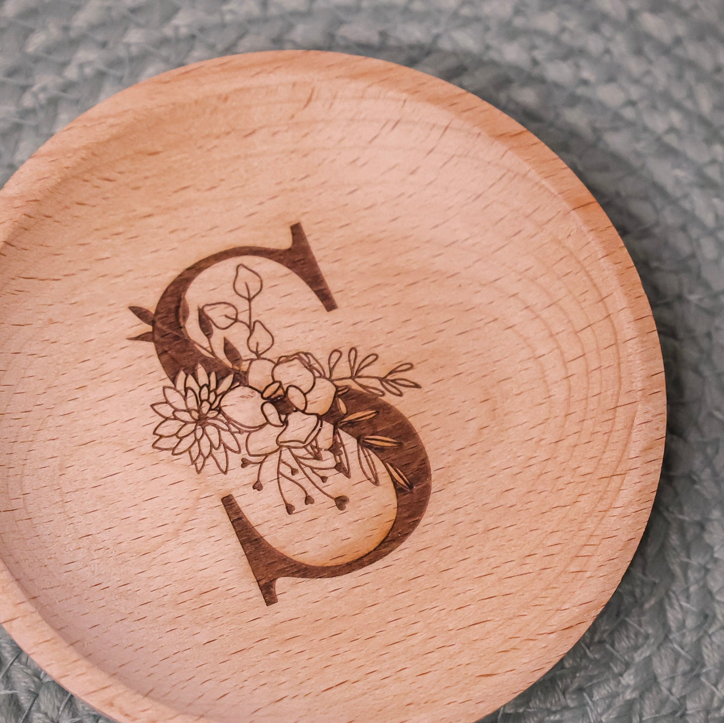 Floral Initial Beech Wood Jewelry Dish