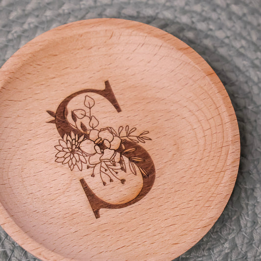 Floral Initial Beech Wood Jewelry Dish