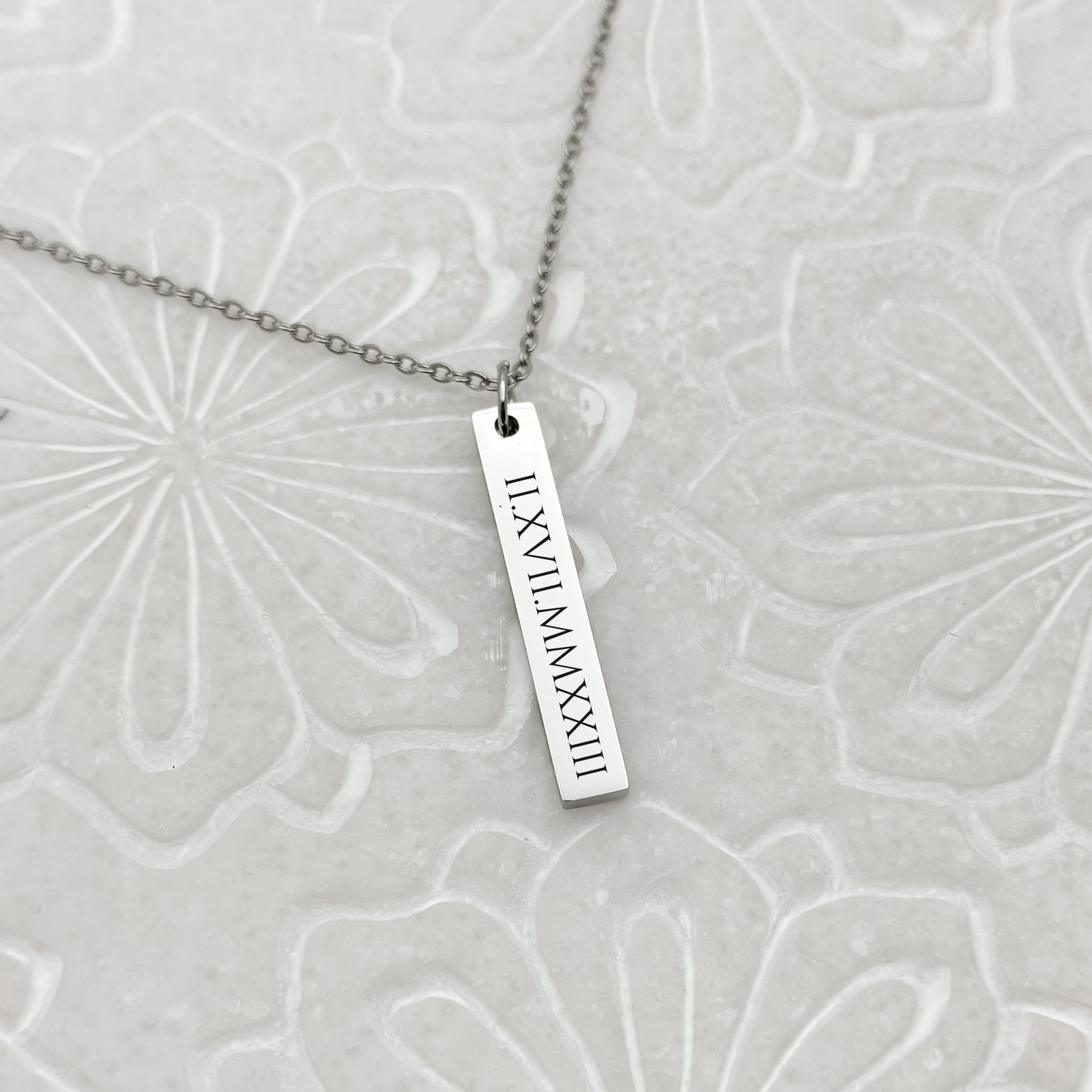 Vertical Bar Roman Numeral Date Necklace