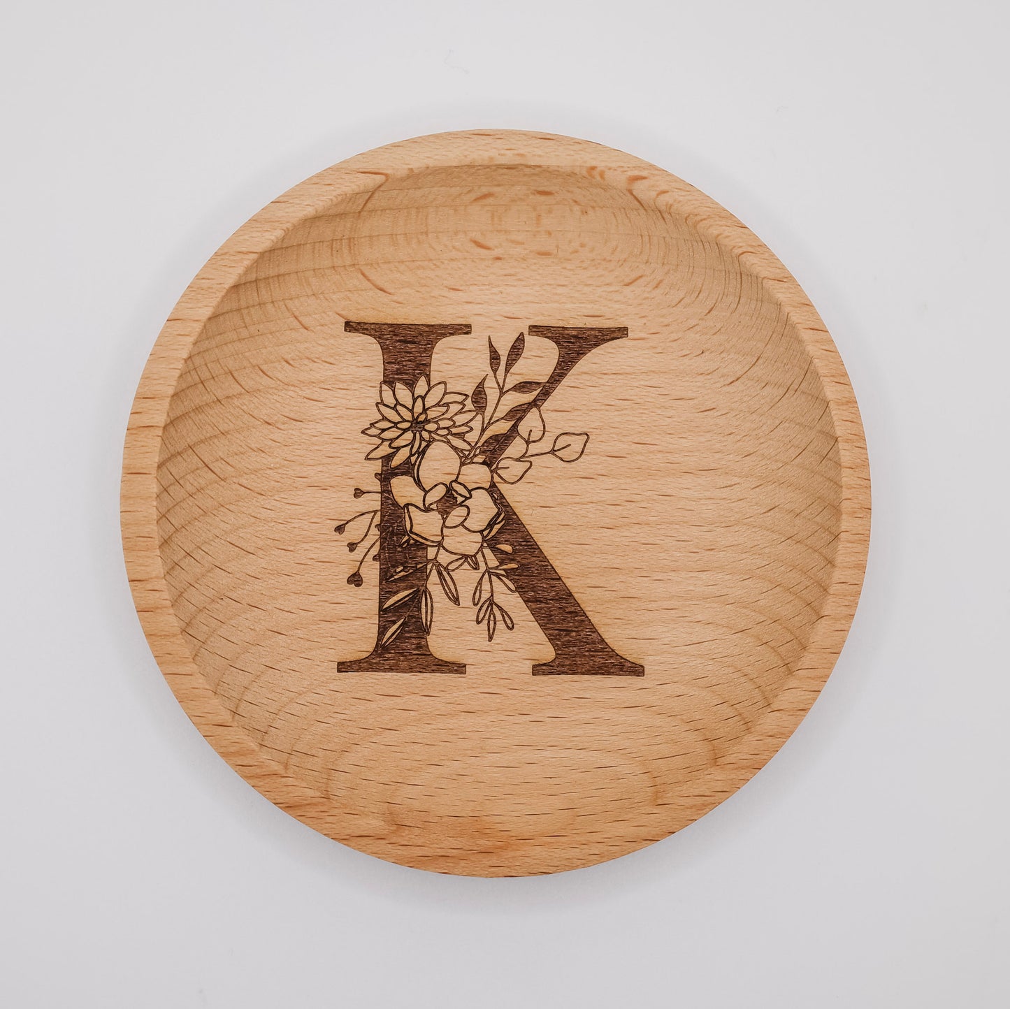 Floral Initial Beech Wood Jewelry Dish