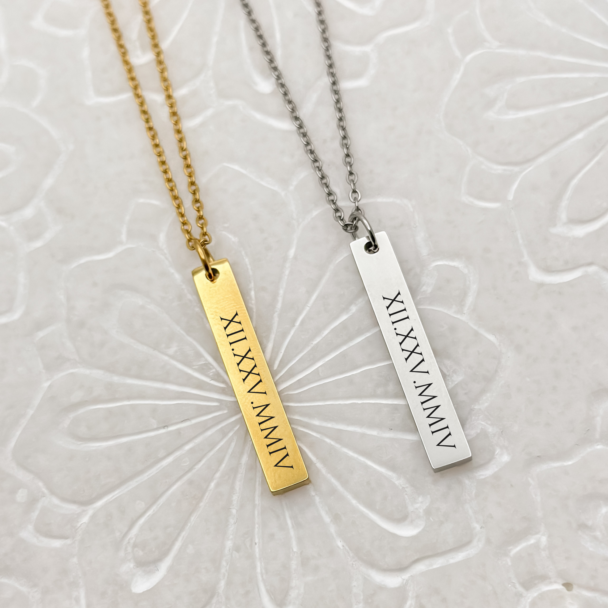 Vertical Bar Roman Numeral Date Necklace