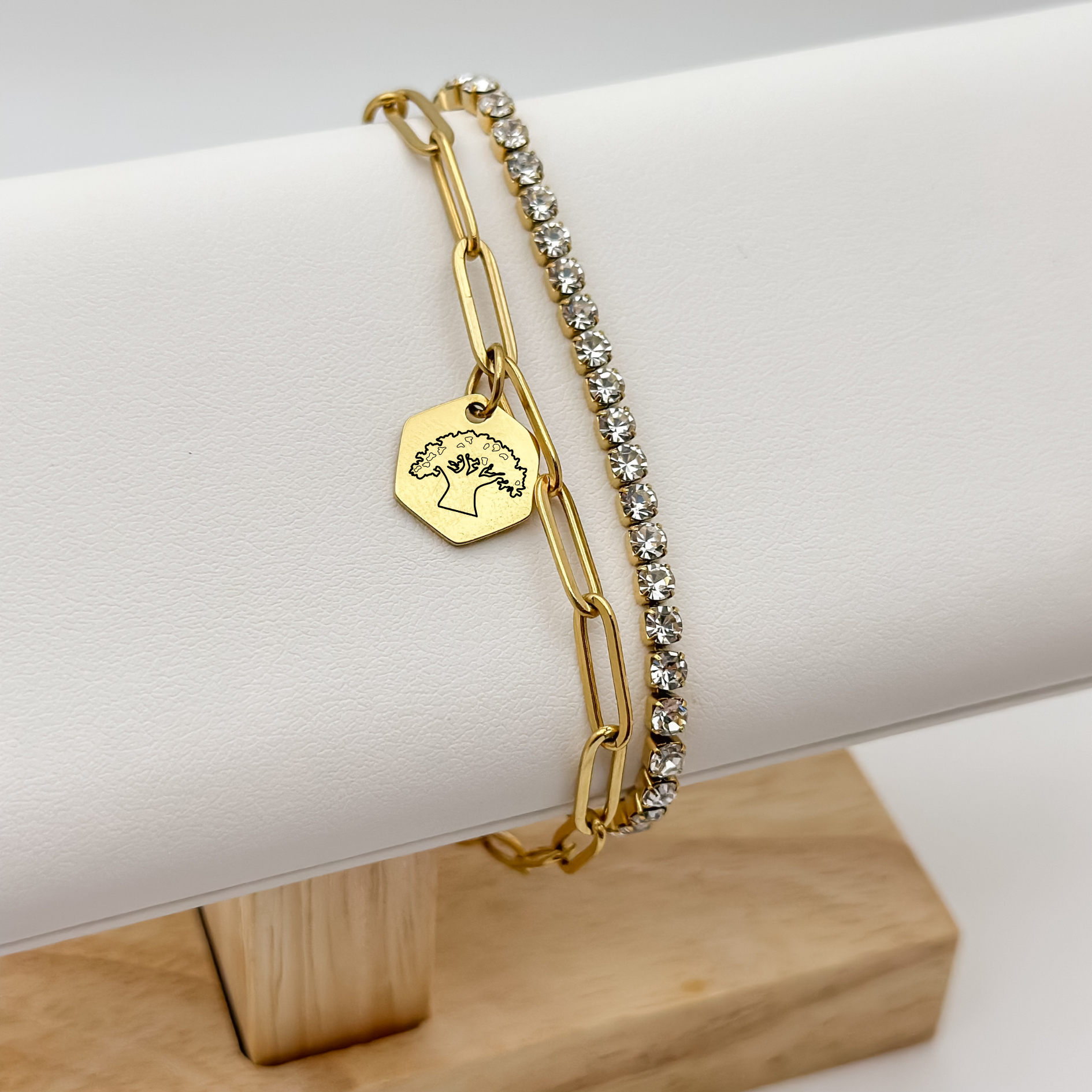 Animal K Charm Bracelet on a paperclip chain. Gold Hexagon Charm featuring an engraved Tree of Life. Hypoallergenic, waterproof, stainless steel jewelry. 