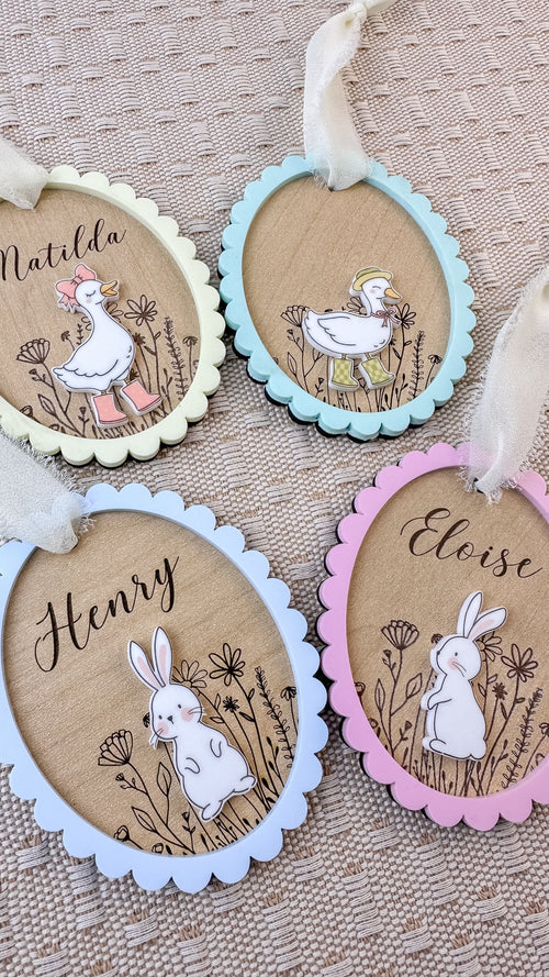 Personalized Easter Tag | Duck or Bunny | Layered Wood & Acrylic Basket Name Tag