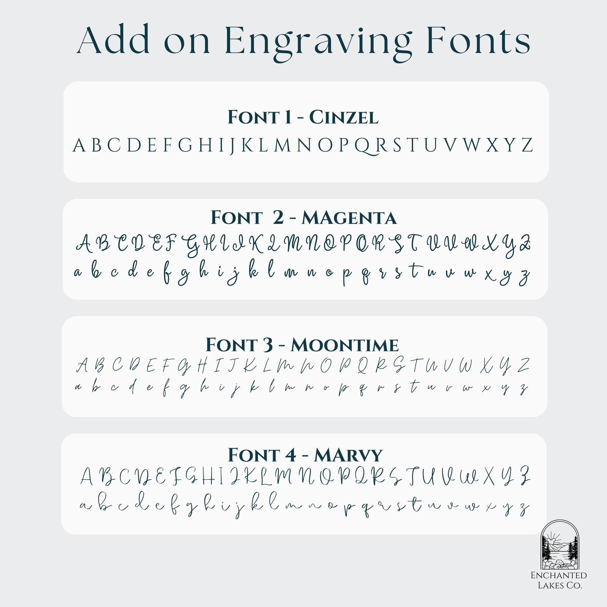 Examples of each letter of the Fonts available for engraving in a chart 