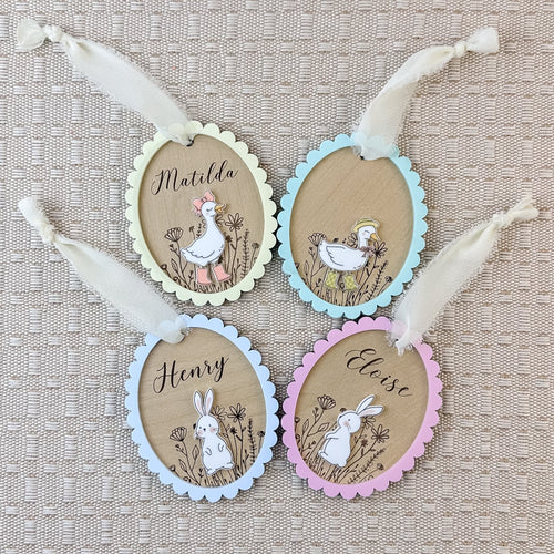 Personalized Easter Tag | Duck or Bunny | Layered Wood & Acrylic Basket Name Tag