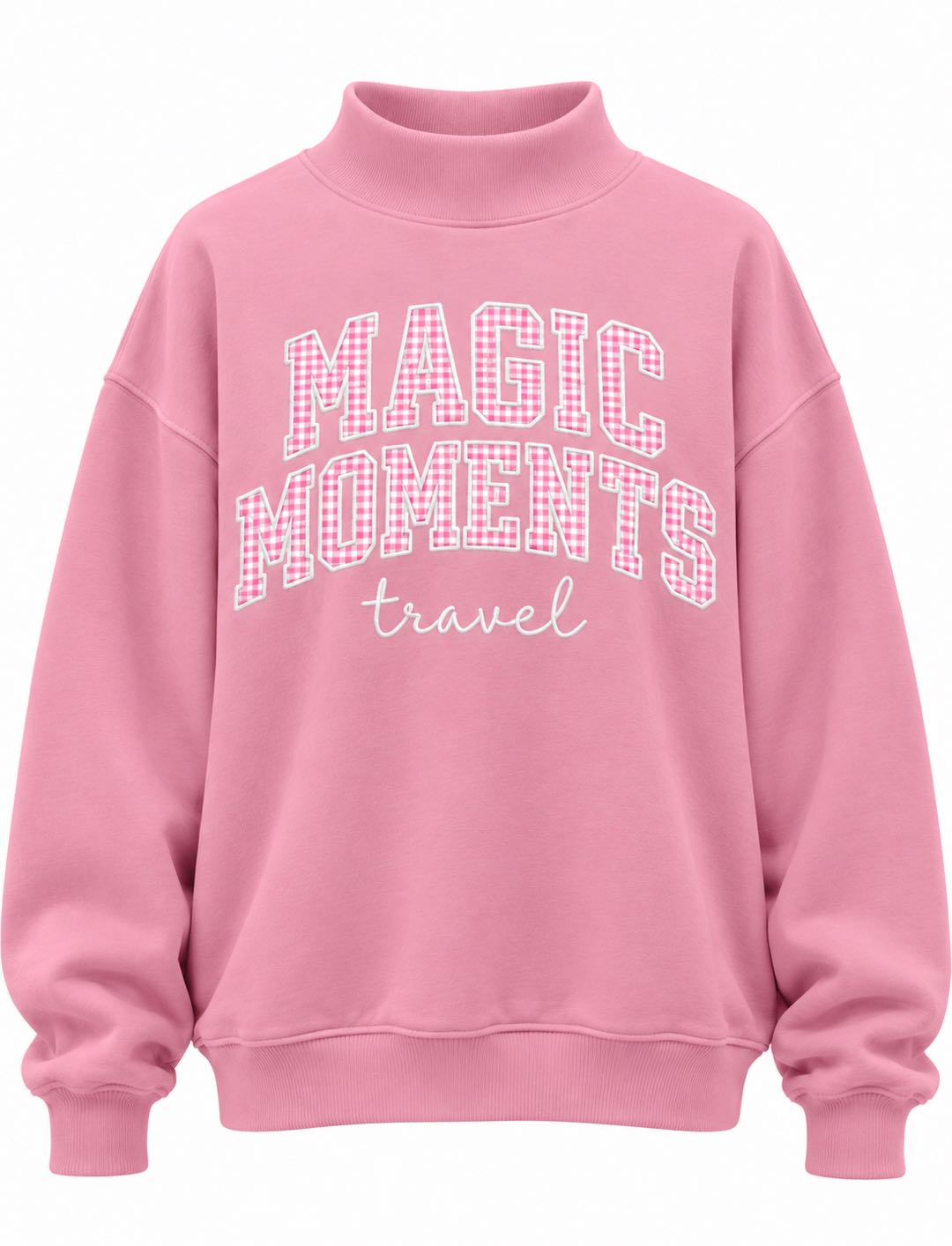 A pink crewneck sweatshirt with 'MAGIC MOMENTS travel' printed in white across the front, displayed on a clean white background.