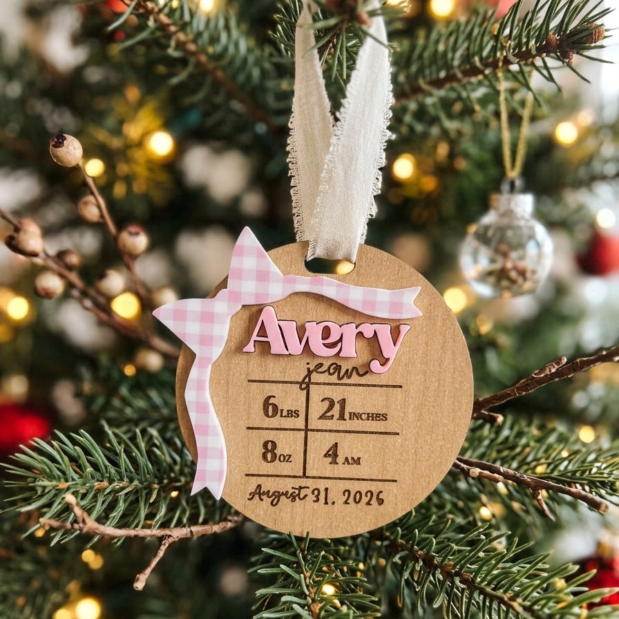 Personalized Birth Stats Bow Ornament