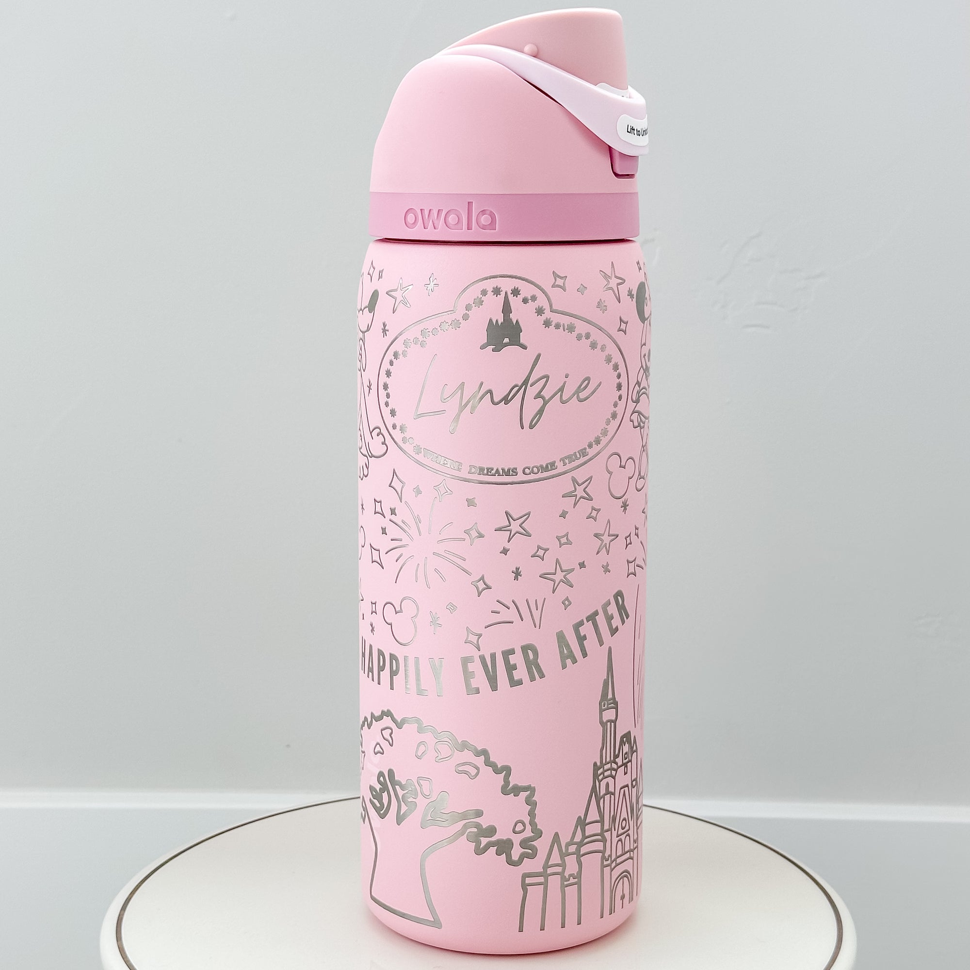 pink happily ever after waterbottle with cast member name tag engraving. 