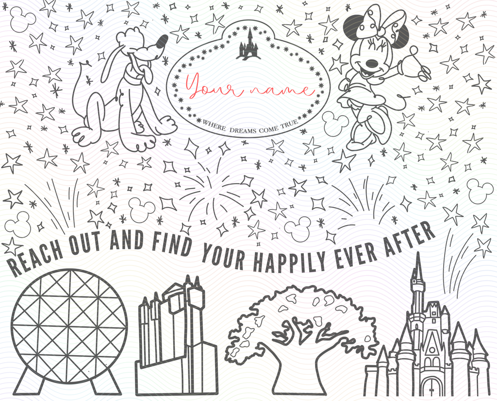 Black and White sample view of waterbottle wrap including Miss Mouse, Planet Dog, and 4 Parks designs with fireworks