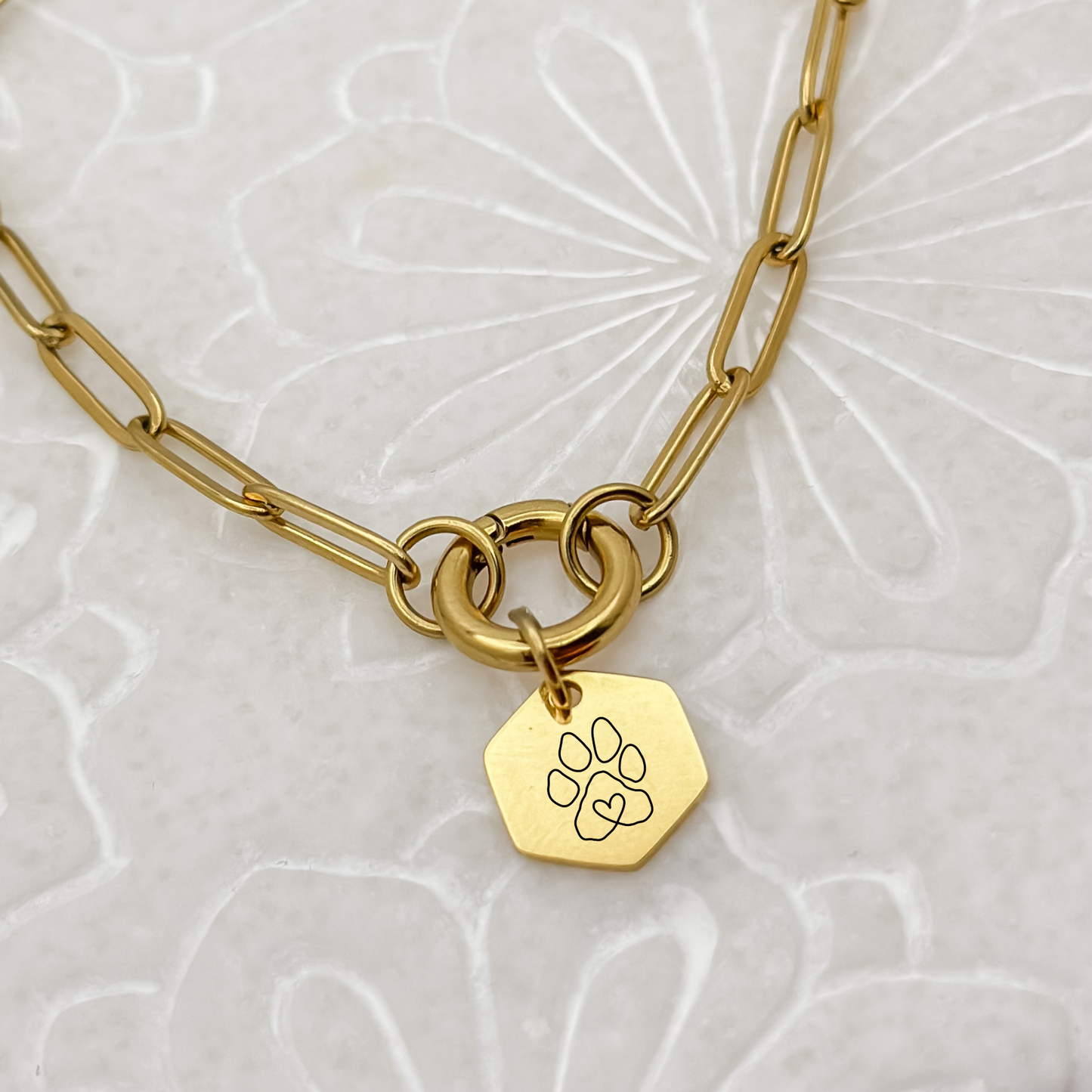 Gold hexagon puppy paw charm on a charm keeper paperclip chain necklace, featuring a minimalist paw print design. Perfect for women’s jewelry collections and pet lovers, crafted from hypoallergenic, waterproof, and tarnish-resistant stainless steel.