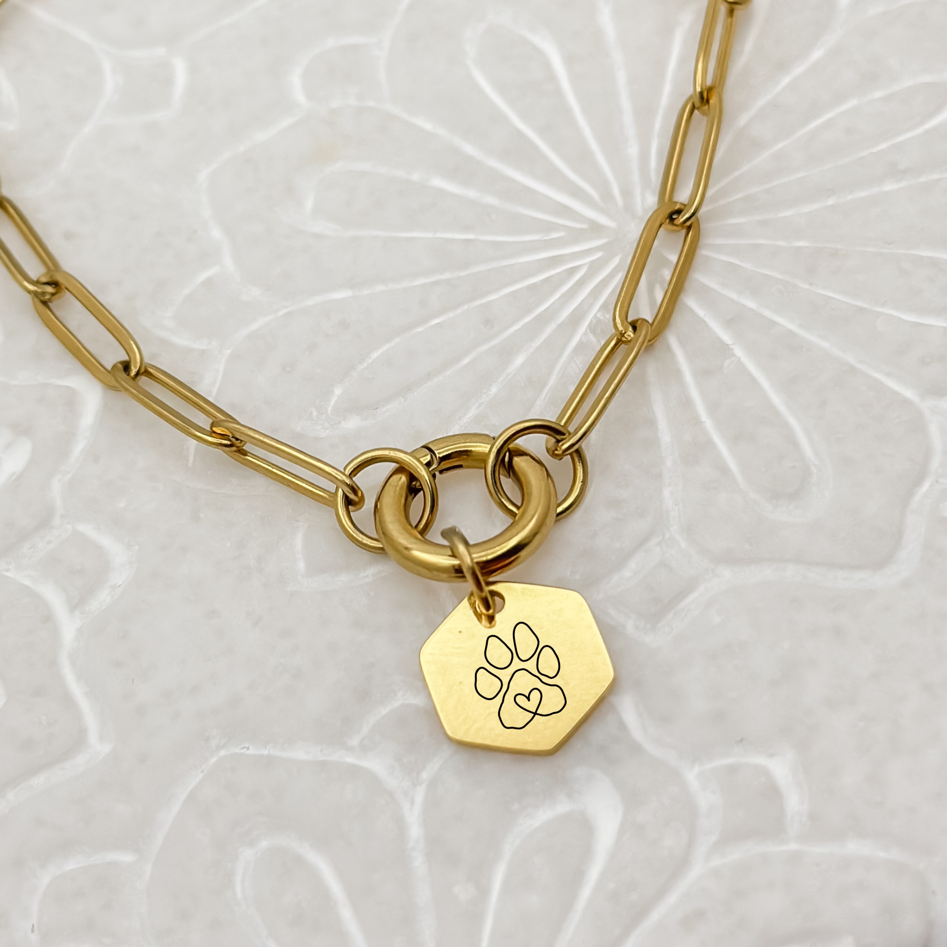 Gold hexagon puppy paw charm on a charm keeper paperclip chain necklace, featuring a minimalist paw print design. Perfect for women’s jewelry collections and pet lovers, crafted from hypoallergenic, waterproof, and tarnish-resistant stainless steel.