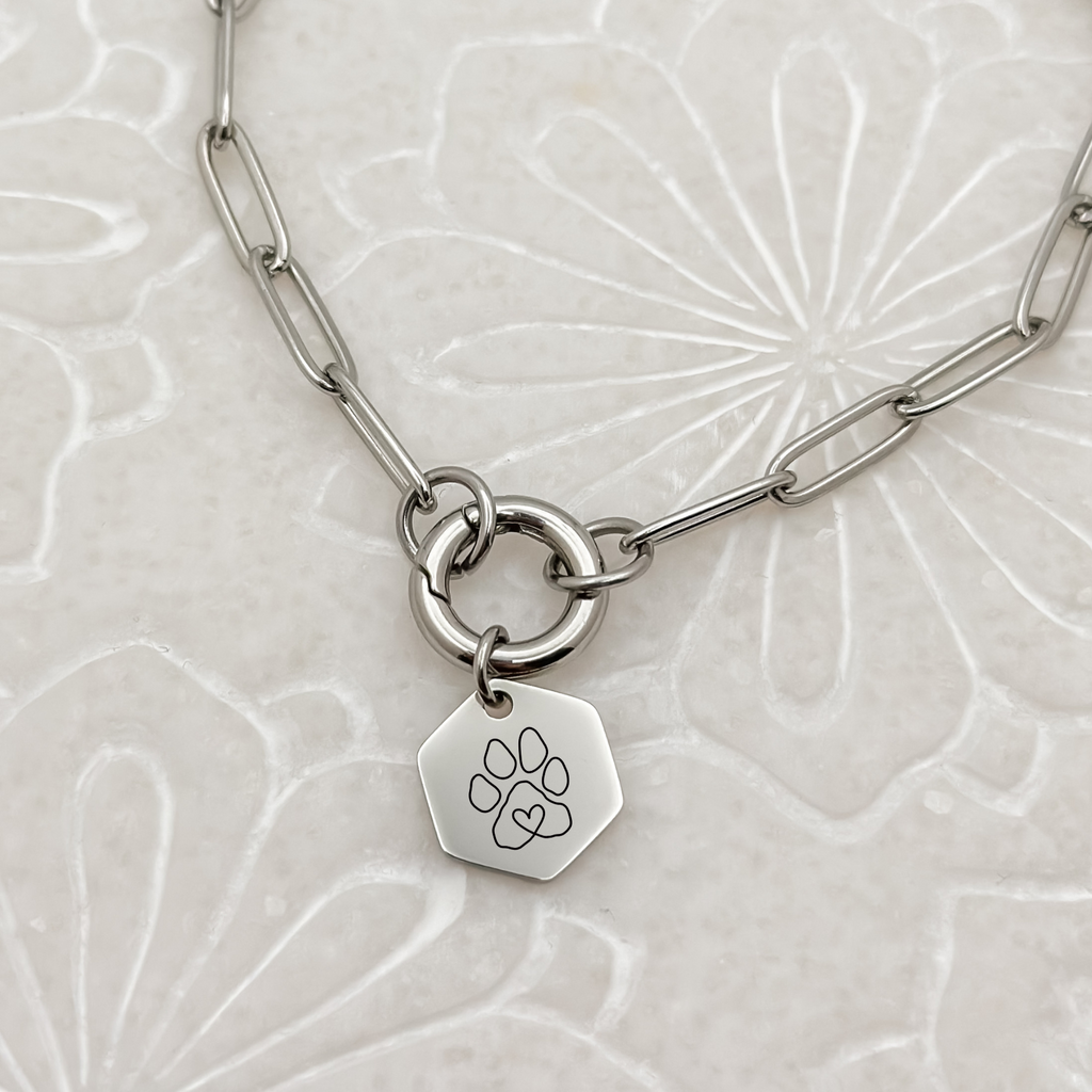 Silver hexagon puppy paw charm on a charm keeper paperclip chain necklace, featuring a minimalist paw print design. Perfect for women’s jewelry collections and pet lovers, crafted from hypoallergenic, waterproof, and tarnish-resistant stainless steel.