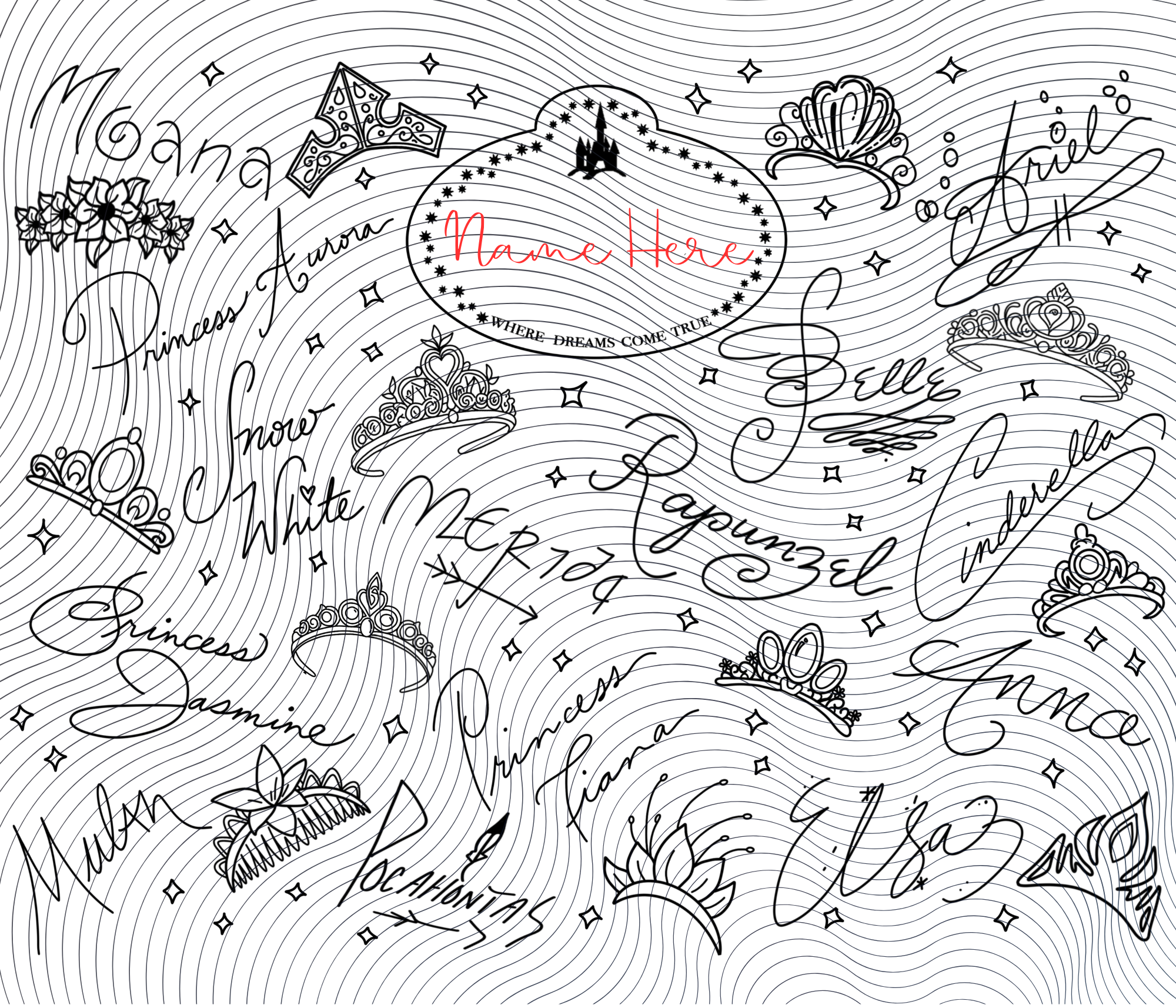 Collection of princess names and tiaras on a wavy line background