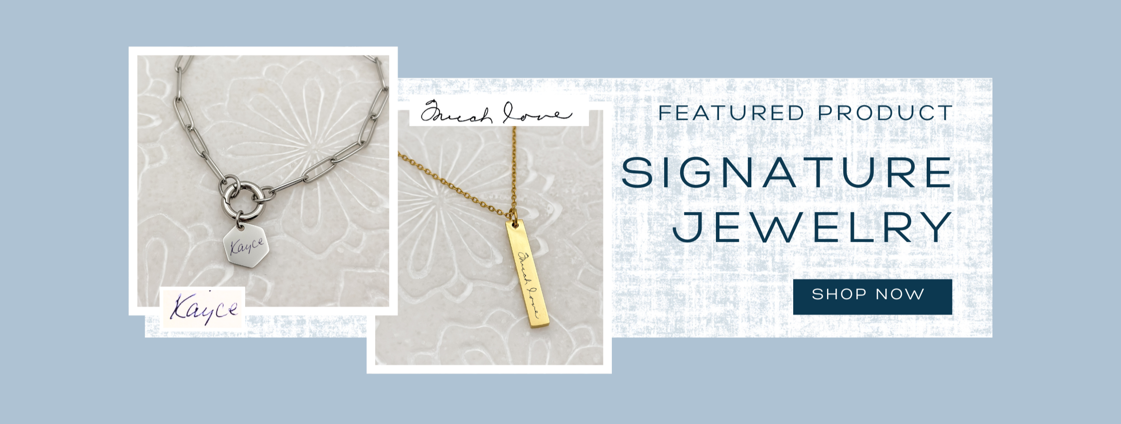 Two pieces of jewelry on a textured surface with 'Signature Jewelry' branding.