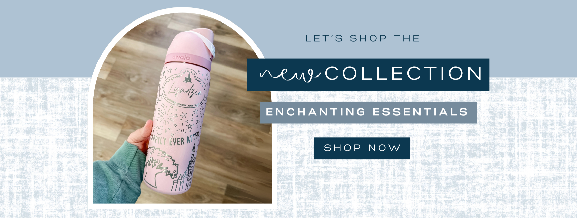 Promotional banner for a new collection with a pink water bottle held by a hand on a light blue background.