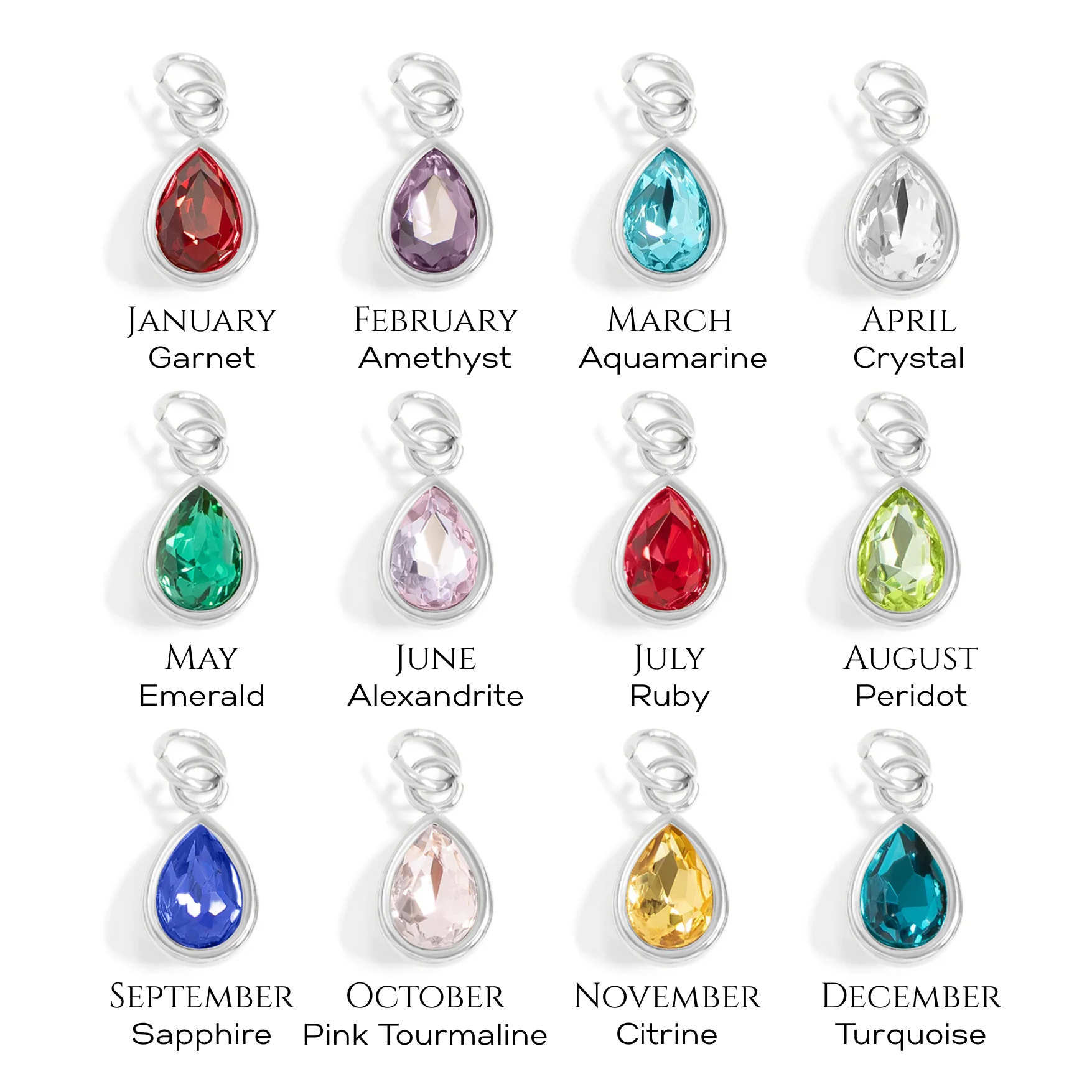 Silver Birthstone Teardrop Charms